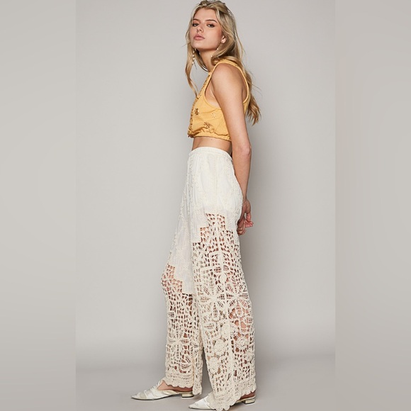 876. POL Straight Leg Pants Cream Crochet Resort Elastic Waist Band - Picture 3 of 4